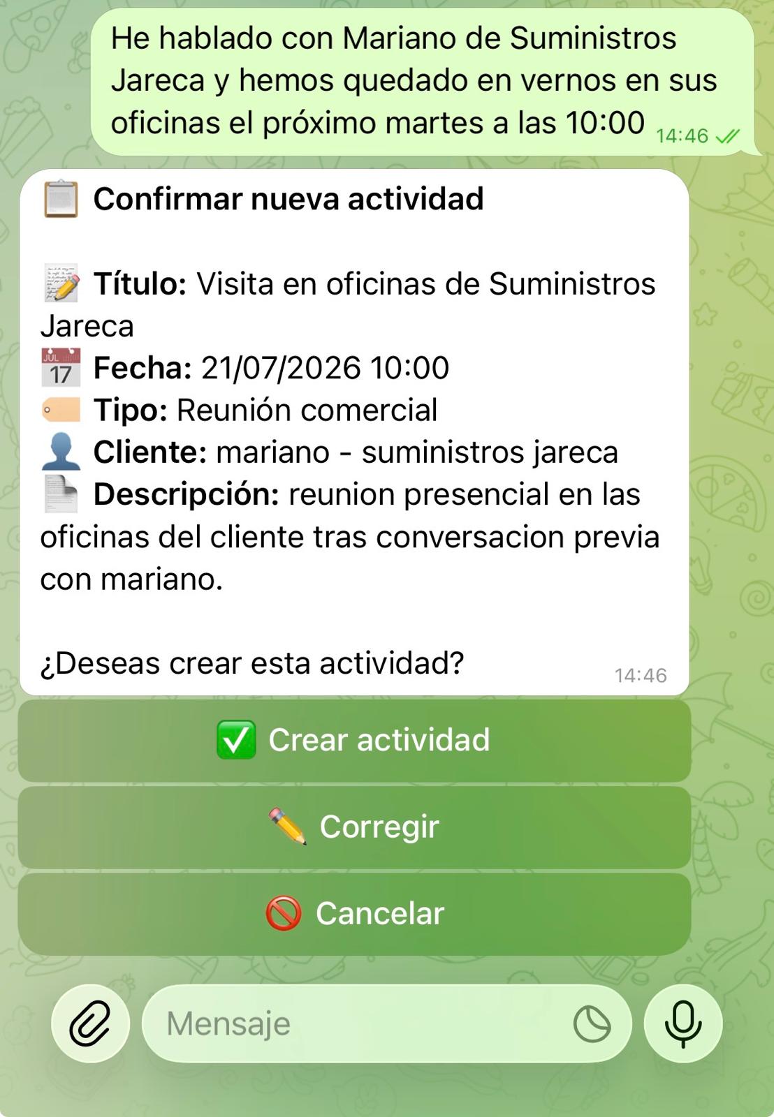 Captura de conversación registrando actividad comercial