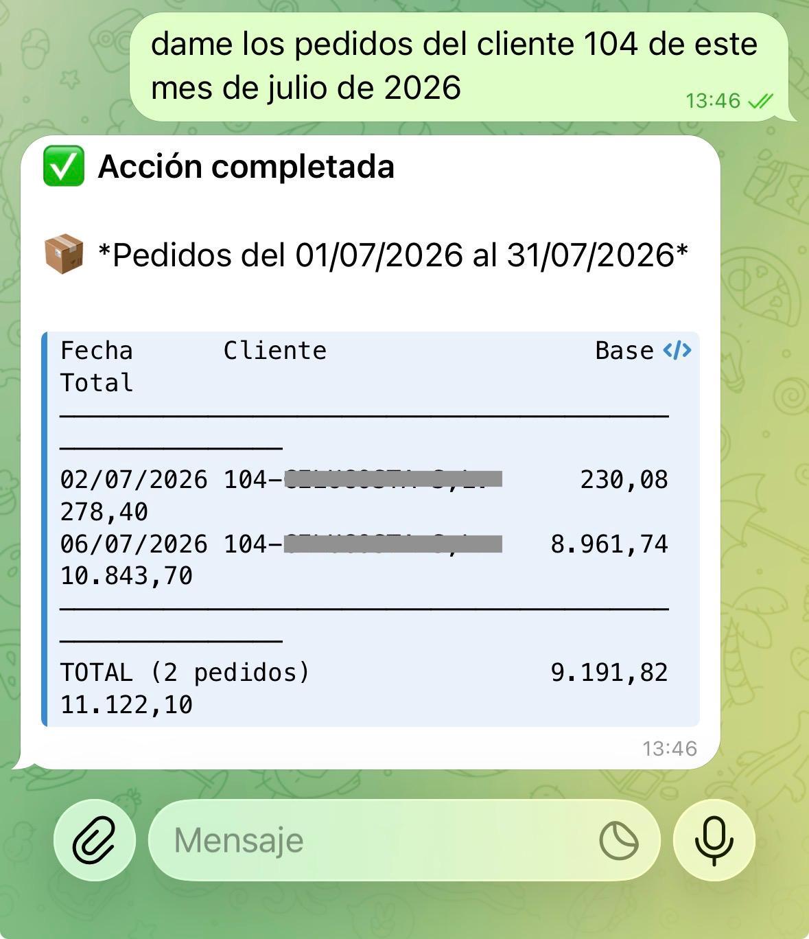 Captura de consulta de pedidos por cliente y fecha