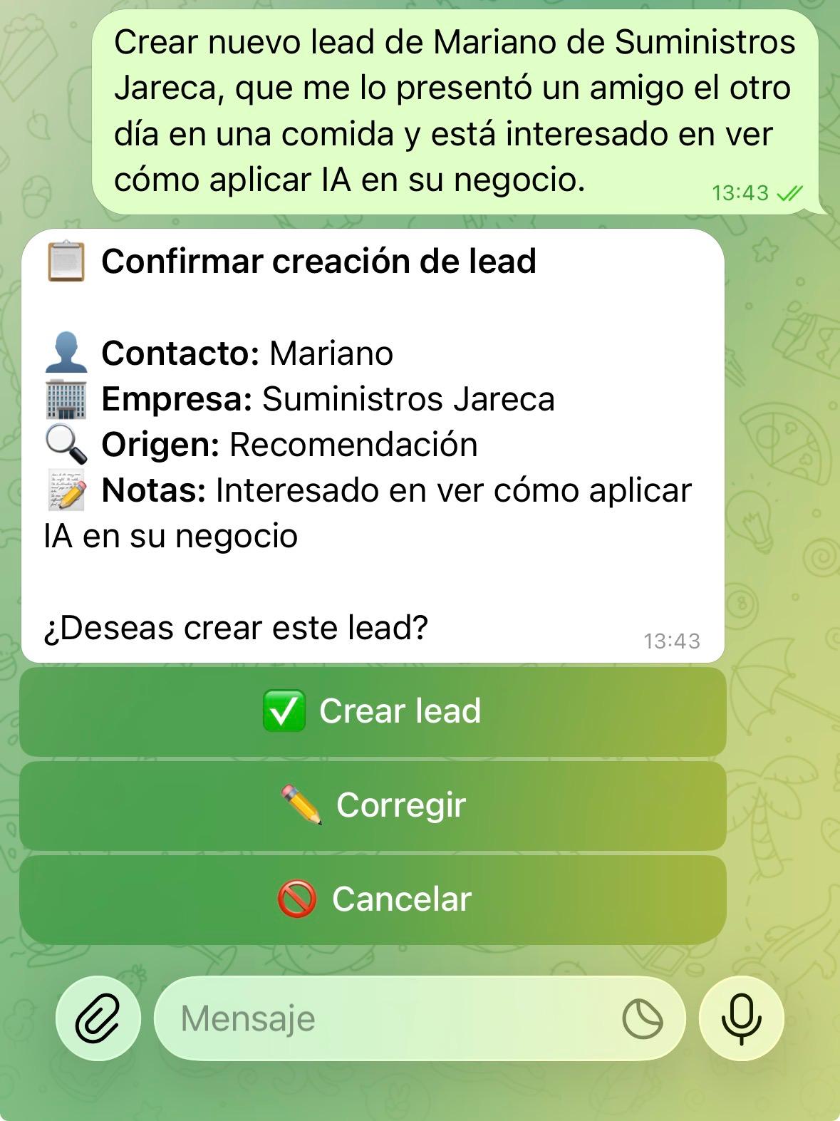 Captura de conversación creando un lead desde Telegram