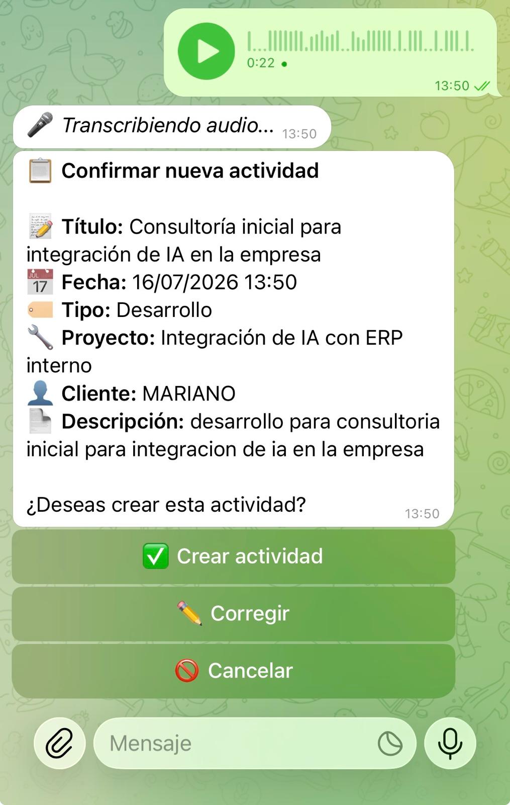 Captura de registro de trabajo desde audio en Telegram