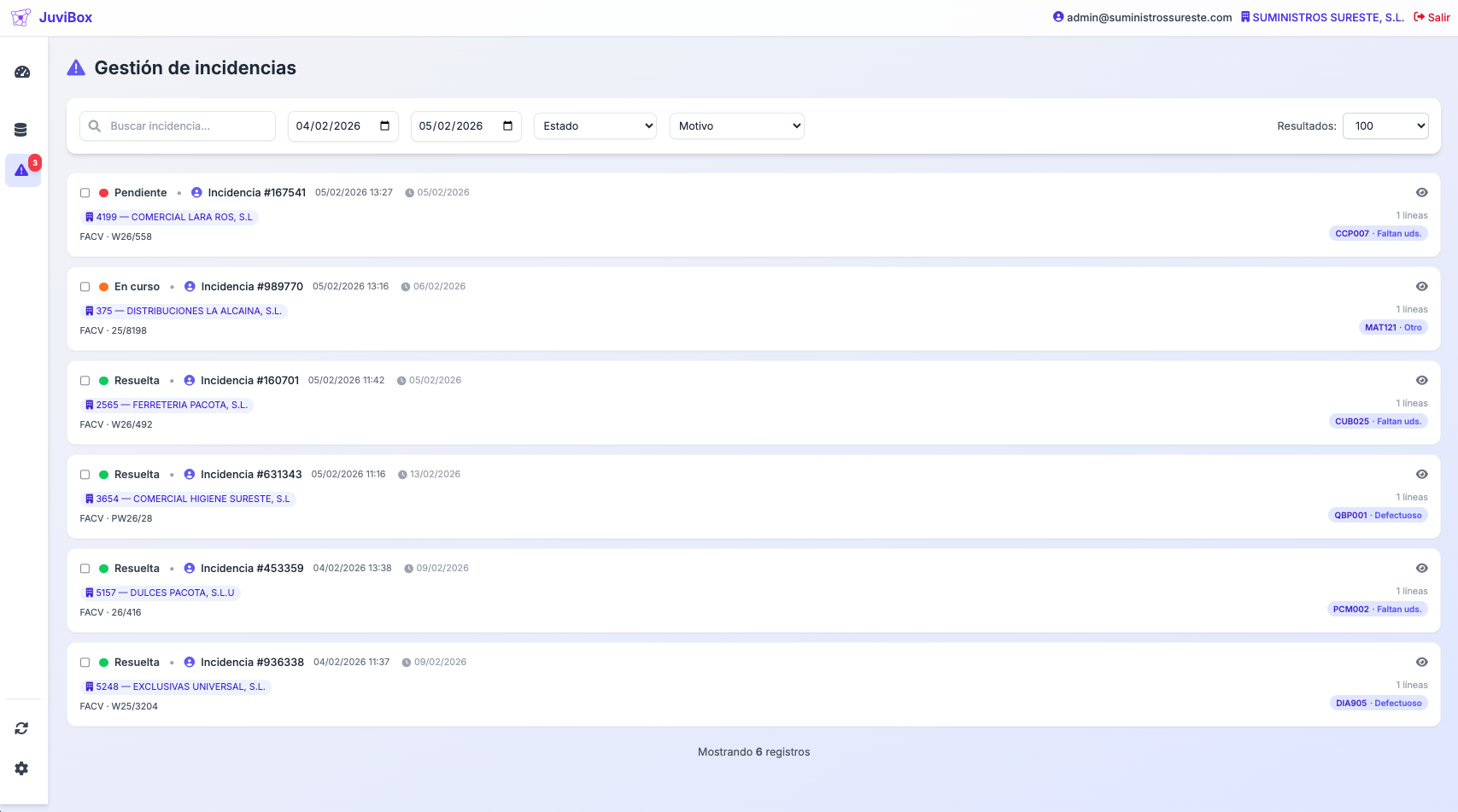 Listado de incidencias en JuviBox