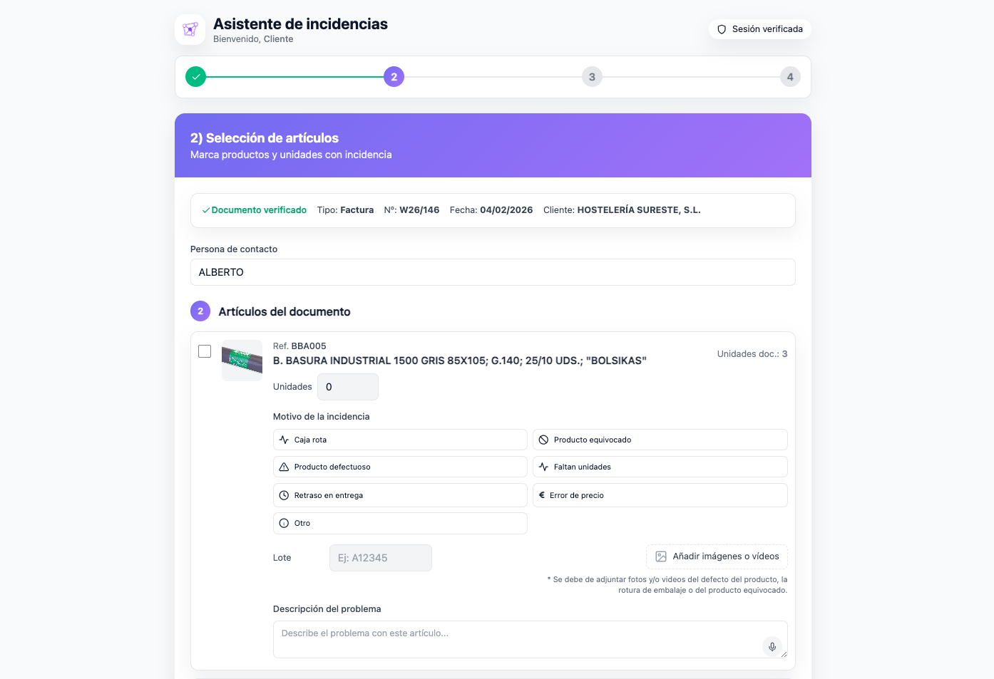 Portal de incidencias - Selección de artículos